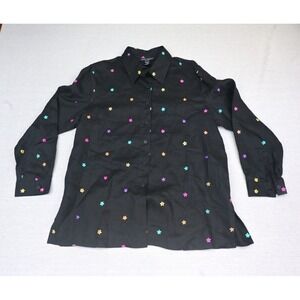 Anne Carson Vintage Womens 1X Black 100% Linen Blouse Embroidered Daisy Floral